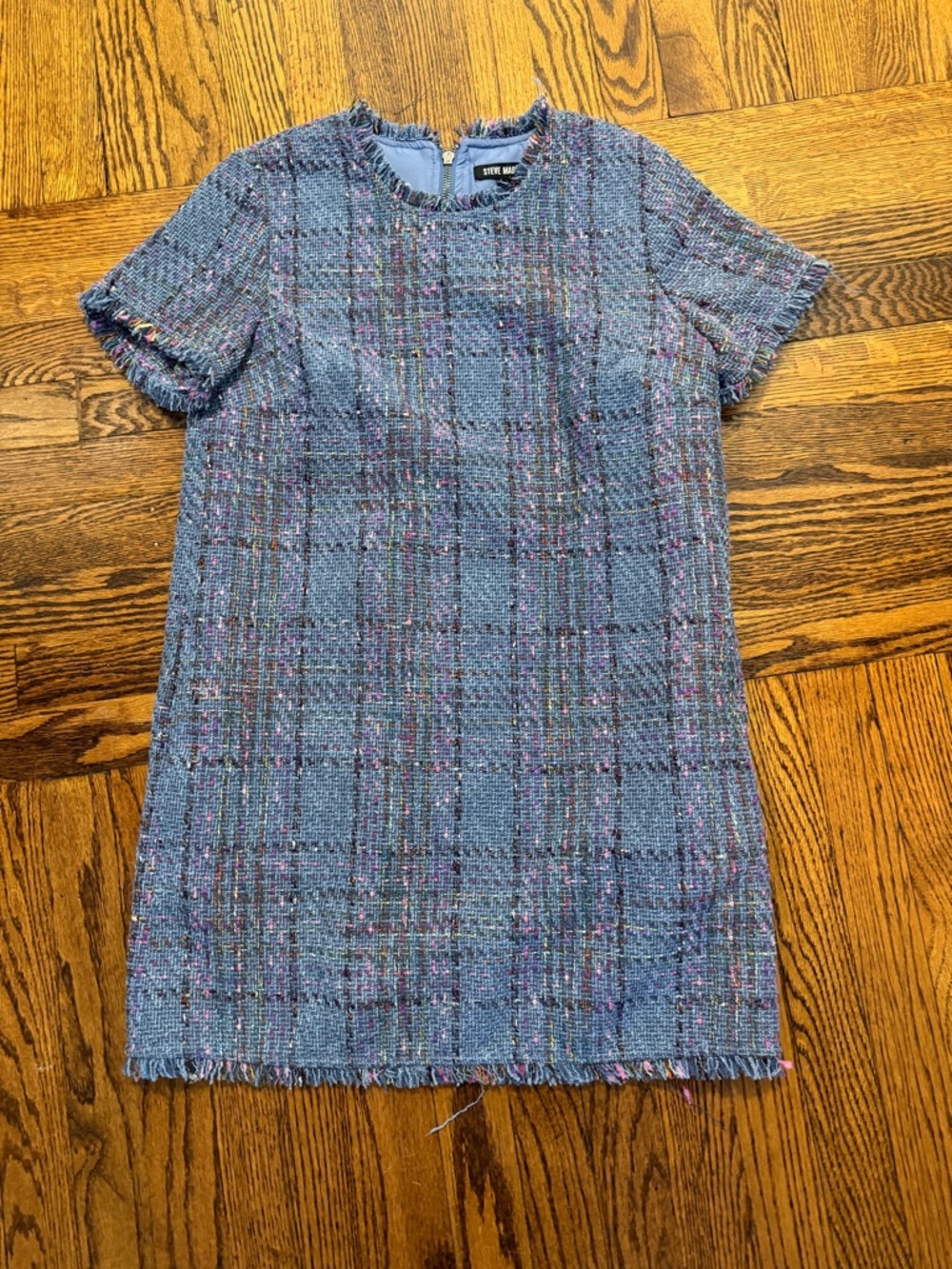 Stunning STEVE MADDEN Tweed Shift Dress in Light Blue with Multicolor Accents